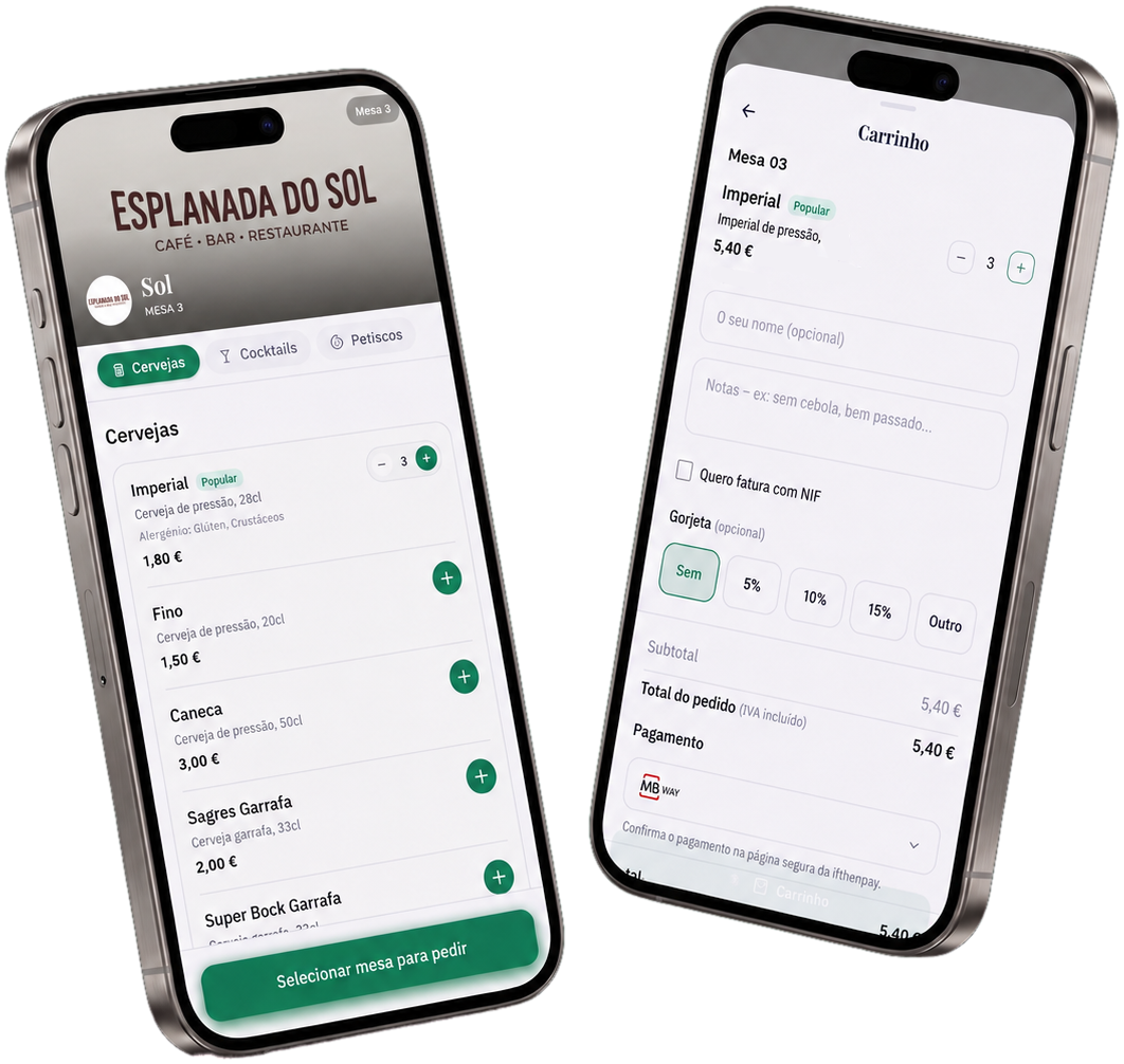 App Ordah: menu do estabelecimento e carrinho de pedido no telemóvel